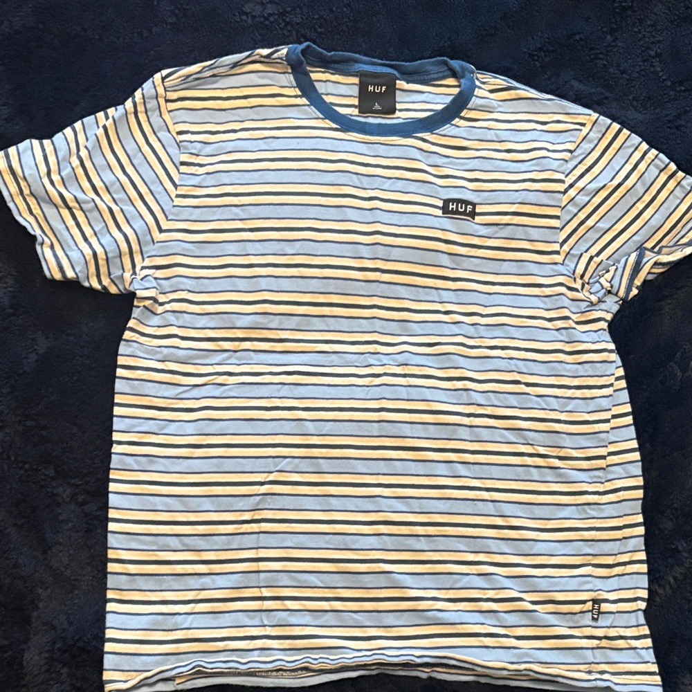 HUF Men's Blue and Yellow Striped Tee